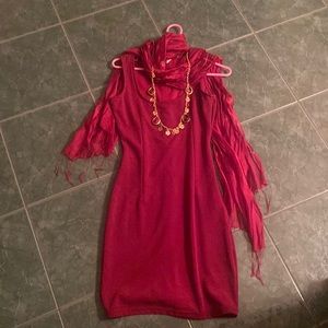 Dress, scarf, earrings and necklace. All items sold together. Color is Maroon